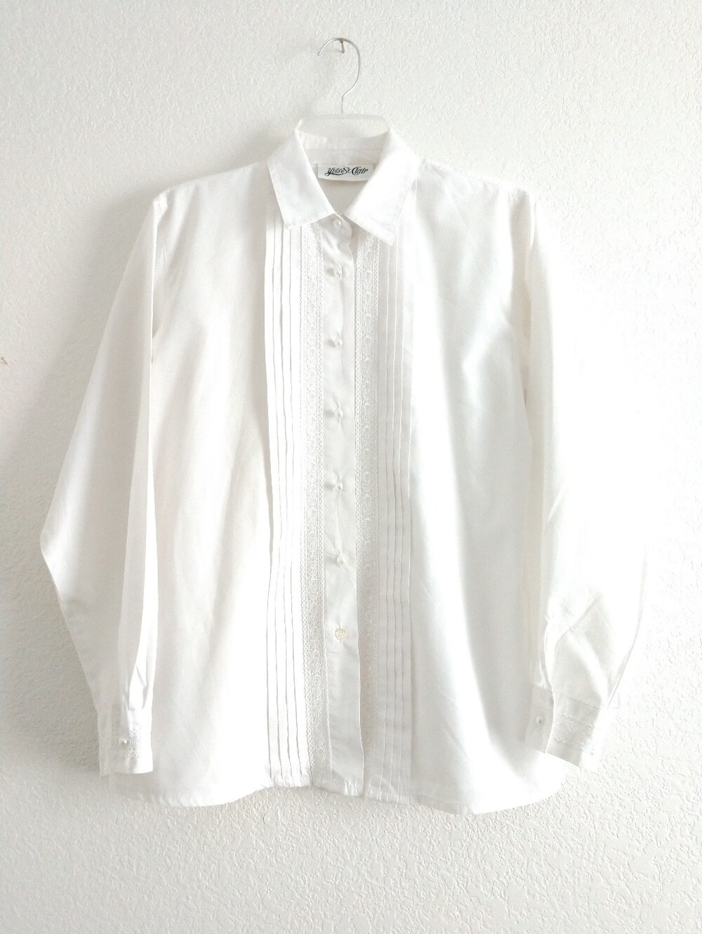 Vintage Yves St. Clair Blouse White Pleated Lace Long Sleeve Size 10 Chest 38"